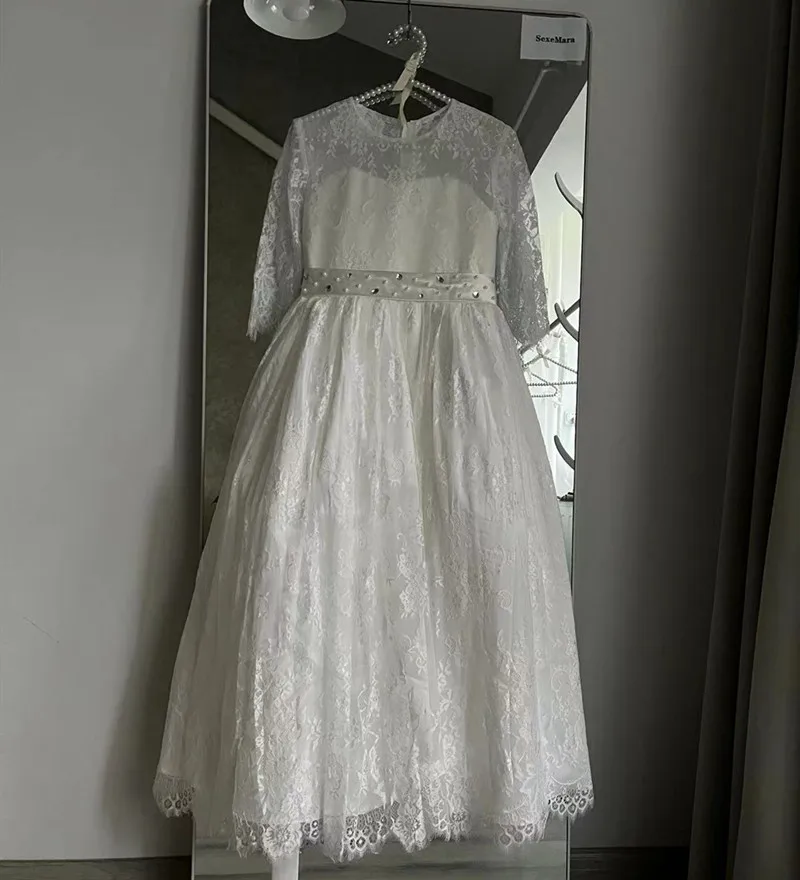 A-Line платье с цветочным узором для девочек свадеб кружевное круглым вырезом