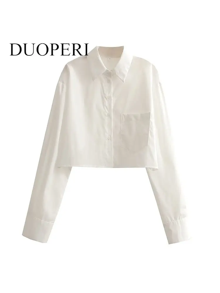 

DUOPERI Women Fashion With Pocket White Single Breasted Blouse Vintage Lapel Neck Long Sleeves Female Chic Lady Shirts