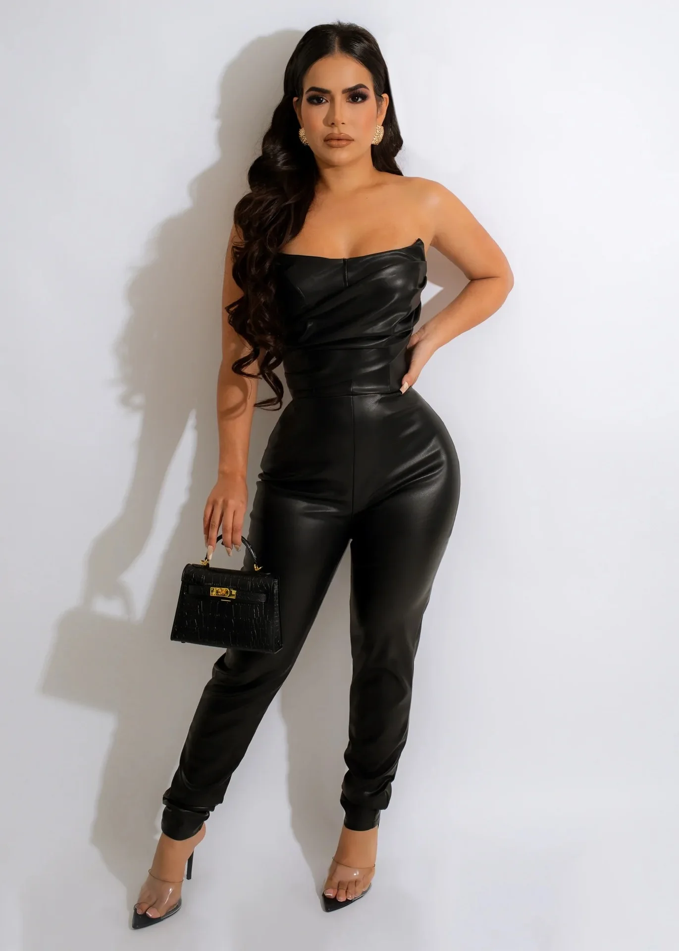 

Sexy Women Sleeveless Solid PU Leather Backless Tube Pleated Zipper Jumpsuit Streetwear