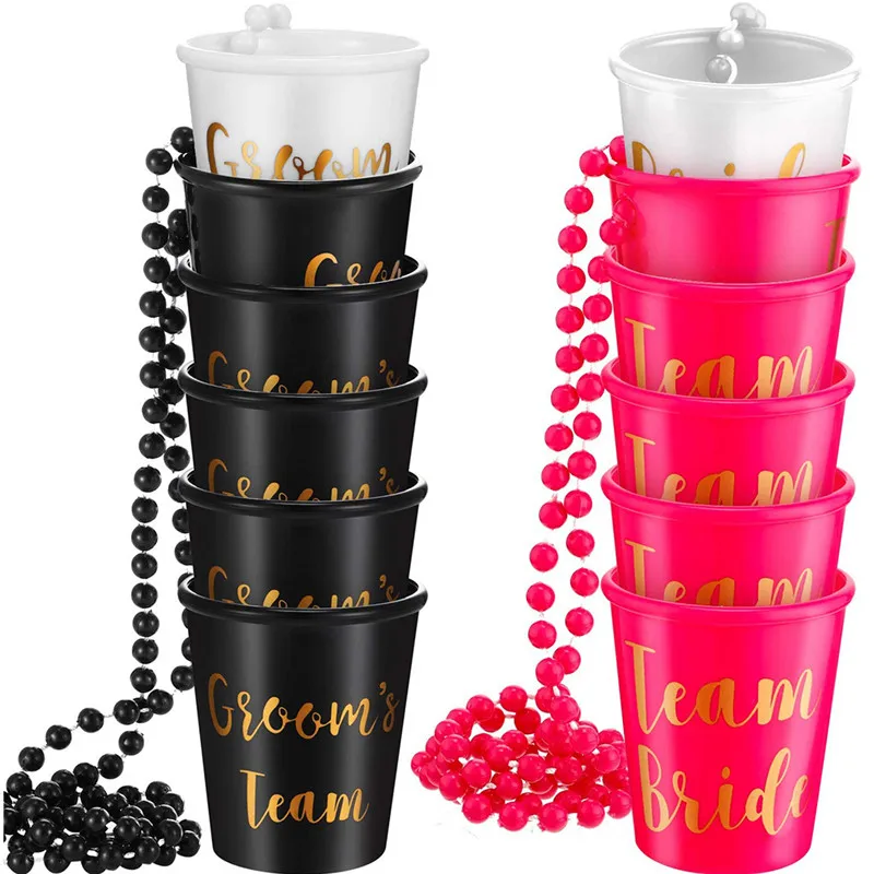 1+5pcs Team Bride To Be Cup Plastic Shot Glasses Necklace Beads Drinking Team Groom Cups Wedding Decoration Bridal Shower Decor