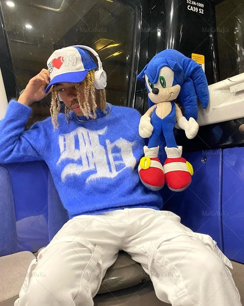 

Мужской Свитер оверсайз, одежда, свитер в готическом стиле, свободная уличная одежда, синий свитер, вязаный свитер в стиле ретро, Осенний хлопковый пуловер унисекс