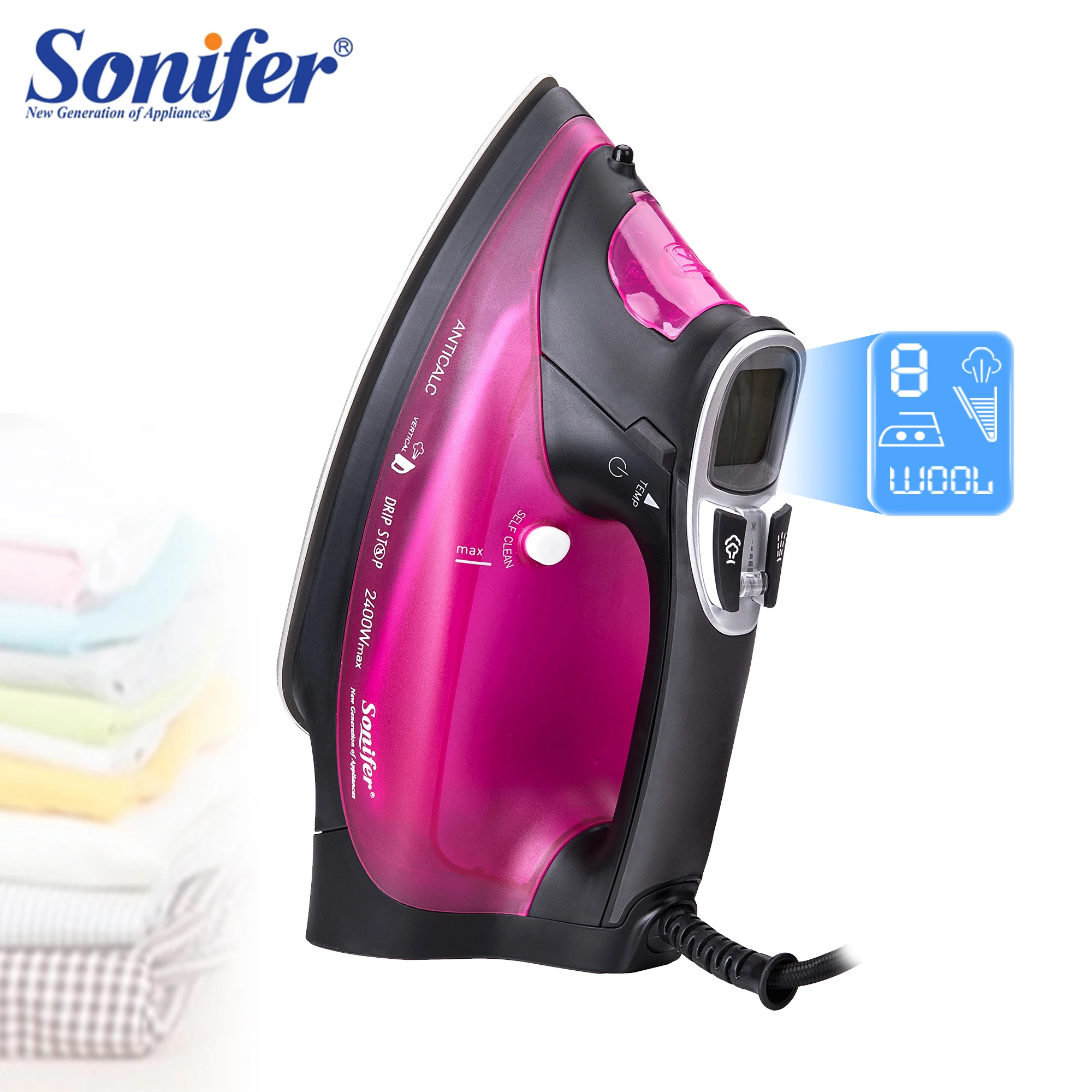 

Steam Iron 2400W 340Ml Steam With Lcd Screen For Clothing Electric Iron Anti-drip System And Self-cleaning Function Sonifer