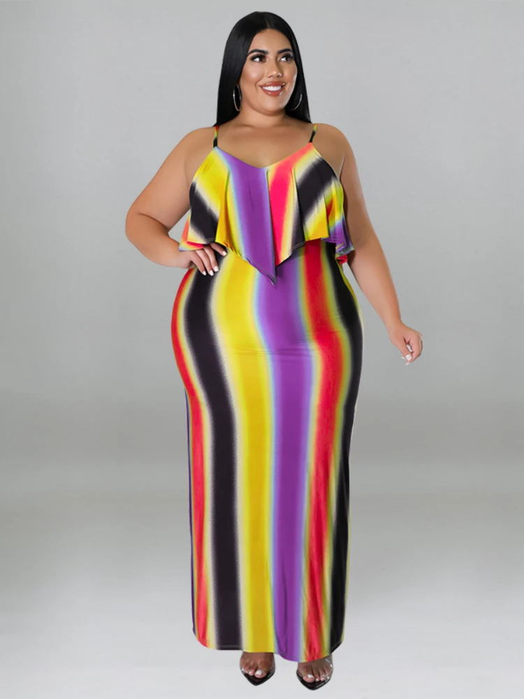 Plus Size Dresses Elegant Striped Rainbow Print Sling Sexy Package Hip Robes Slip Maxi Backless Casual Dress 2022 Summer 5XL