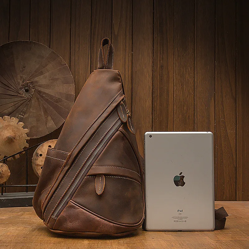 Vinatge crazy horse cowhide men's multi-function chest bag fashion personality design natural genuine leather shoulder backpack