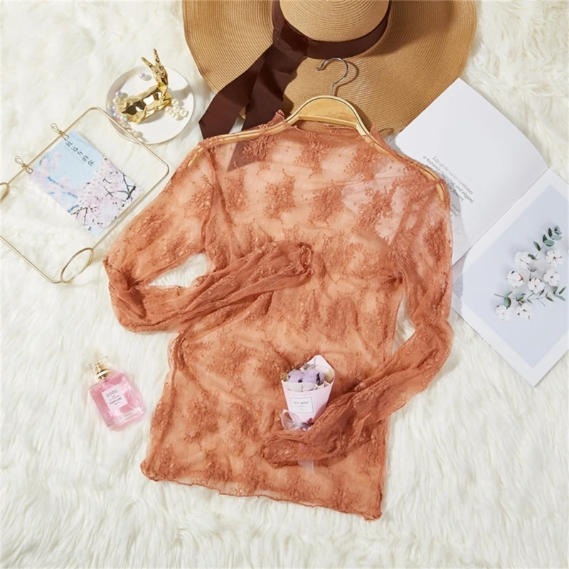 

Spring Autumn Women Sexy See-Through Mesh Blouse Female Long Sleeve Shirt Tops