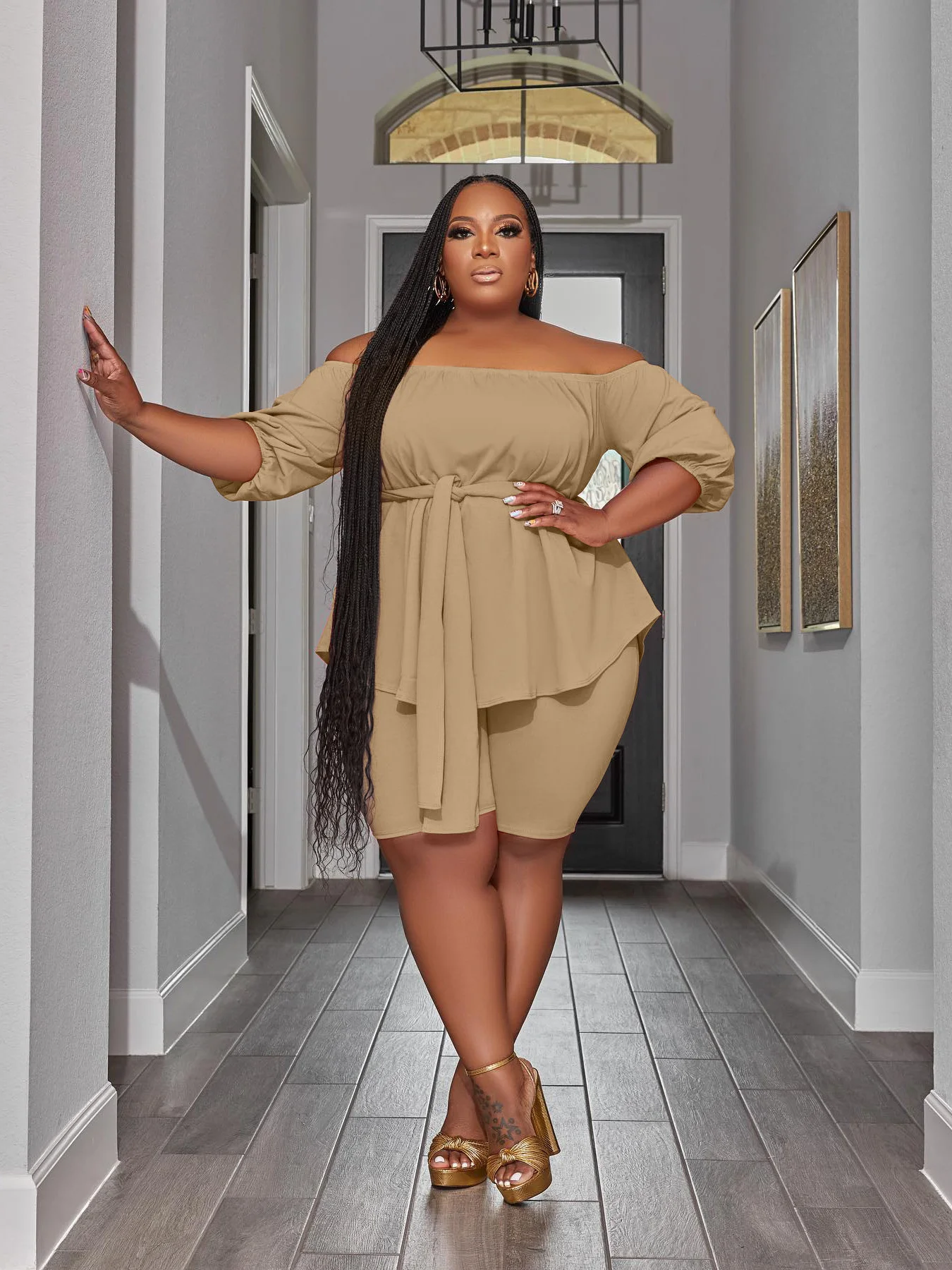 Plus Size Two Piece Outfits Women New in Matching Shorts Sets Loose Top with Bandage Summer Wholesale 3xl 4xl 5xl 6xl