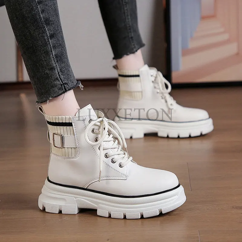 

Women Ankle Boots Thick Soled Socks Heel Shoes Pu Elegant Medium Elastic White Fashion 2022 New