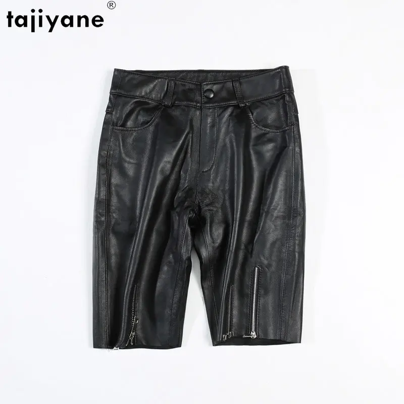 Tajiyane Super Quality Sheepskin Leather Pants Women Wide Leg Short Pants Korean Fashion Black Shorts Straight Pants Knee-length