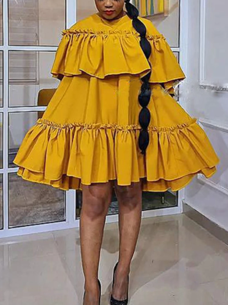 

Women Loose Dress O Neck Ruffles Elegant Lovely Summer Female New Fashion African Ladies Large Size Oversized Cute Casual Gowns