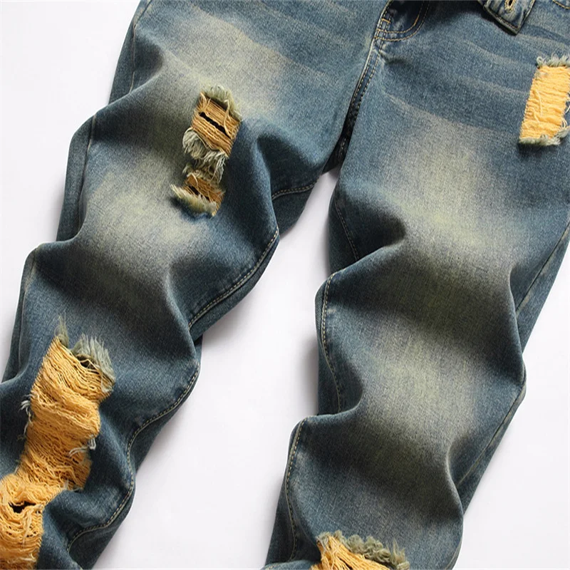 Men's Clothing Vintage Light Blue Holes Ripped Biker Jeans Motorcycle Casual Pleated Torn Stretch Denim Slim Pants Trousers Men