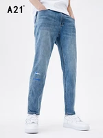 a21 men slim fit jeans for summer 2022 low waist letter printing denim pant male vintage elastic skinny jean cool feeling fabric