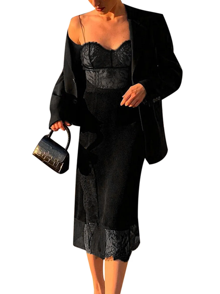 

Women Spaghetti Strap Dress Sexy Sheer V Neck Lace Sleeveless Slit Bodycon Midi Dress Cocktail Party Dress