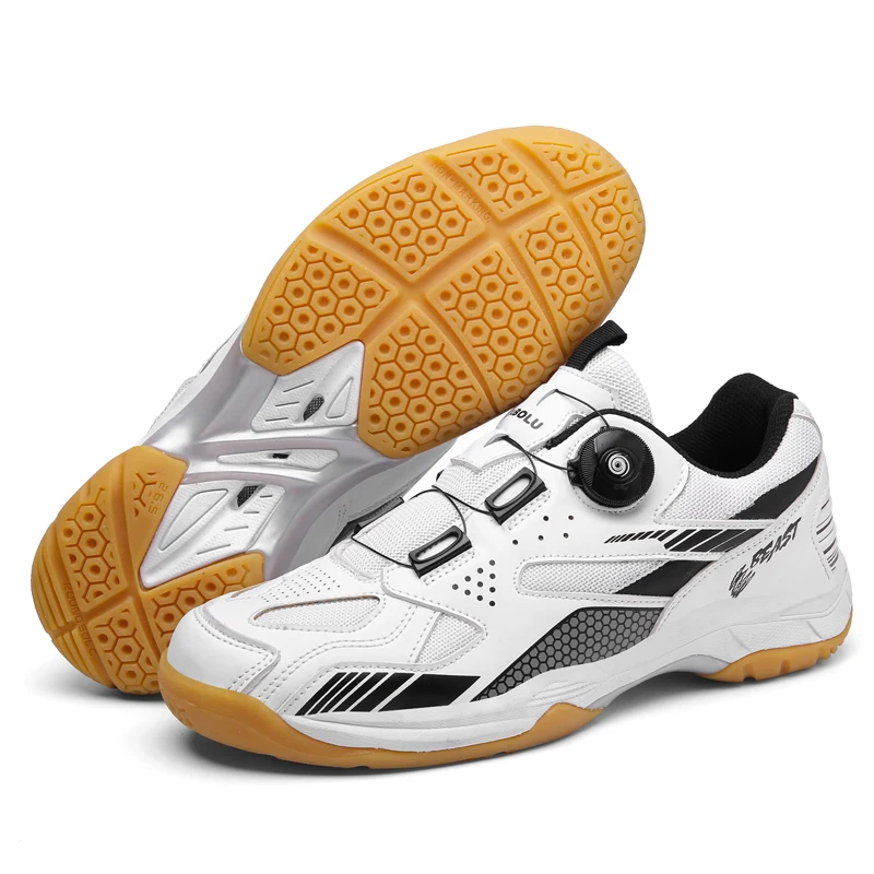 Men Women Tennis Table Shoes White Yellow Women Rotating Buckle Badminton Shoes Outdoor Anti-Slippery Man Training Tennis Shoes