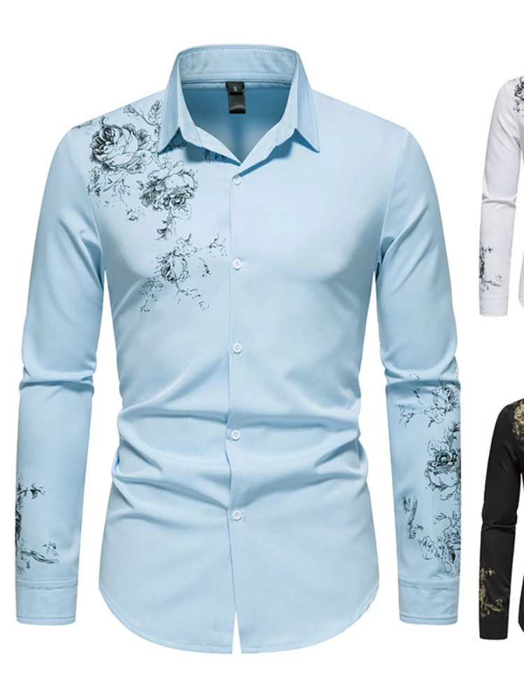 Trendy New European and American Fashion Floral Shirts Bronzing Printing Men's Long-sleeved Casual Fashion Shirts 2022 New