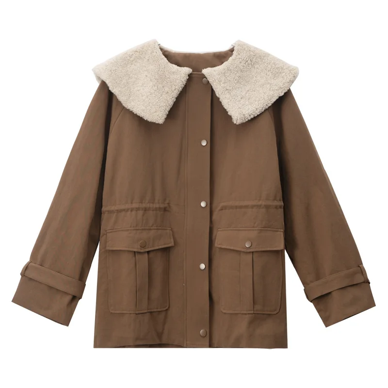 New Women's Jacket Big Hair Collar Work Cotton Clothing Female Winter Loose Hundred Take Waist Small Child Cotton Coat Jacket