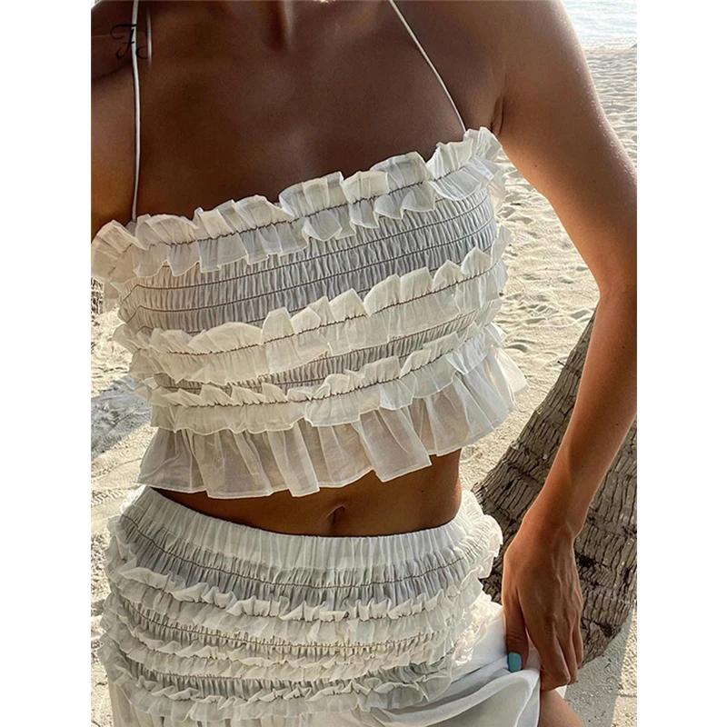 

Майка Musuos женская с оборками, Белый эластичный кроп-топ с лямкой на шее, с открытой спиной, Пляжная Клубная одежда, на лето