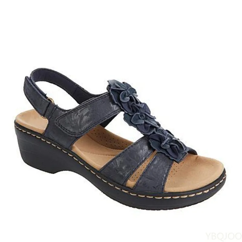 

Women's Shoes Summer 2022 Plus Size 43 Round Toe Flower Velcro Sandals Women Wedge Roman Sandals Women Leather Sandals