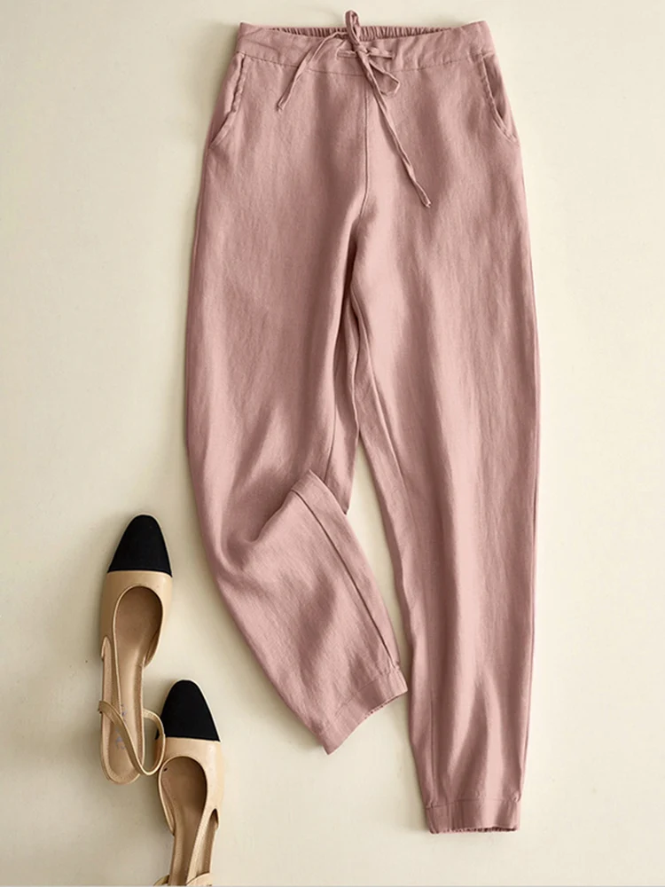 

Лето 2022, женские повседневные однотонные брюки с эластичным поясом, брюки для отдыха, женские длинные брюки большого размера с боковыми кар...