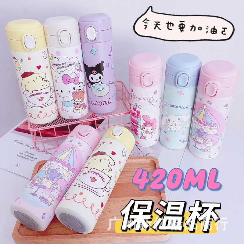 

420ML Portable Kawaii Sanrio Kulomi Thermal Cup Cute Cartoon Cinnamoroll My Melody Doll 304 Stainless Steel Water Bottle Girls