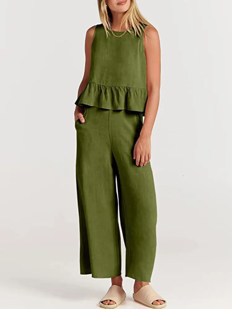 2023 Summer Cotton Linen Pajamas two piece Set Women Sleepwear Sleeveless Lounge Wear Sets Home Suit Female Loose Pj Set XXXL