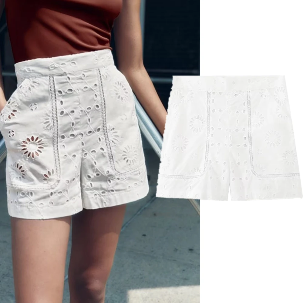 Jenny&Dave Fashion Ladies Retro Embroidery Hollow Casual Summer Shorts Women Moroccan French High Waist Cotton Bermuda Shorts