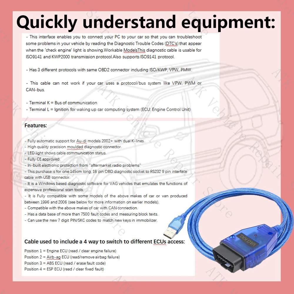 VAG KKL 409 Fiat Ecuscan с FT232RQ/CH340 линия подключения ABS V-w Au-di диагностическая OBD2 кабель