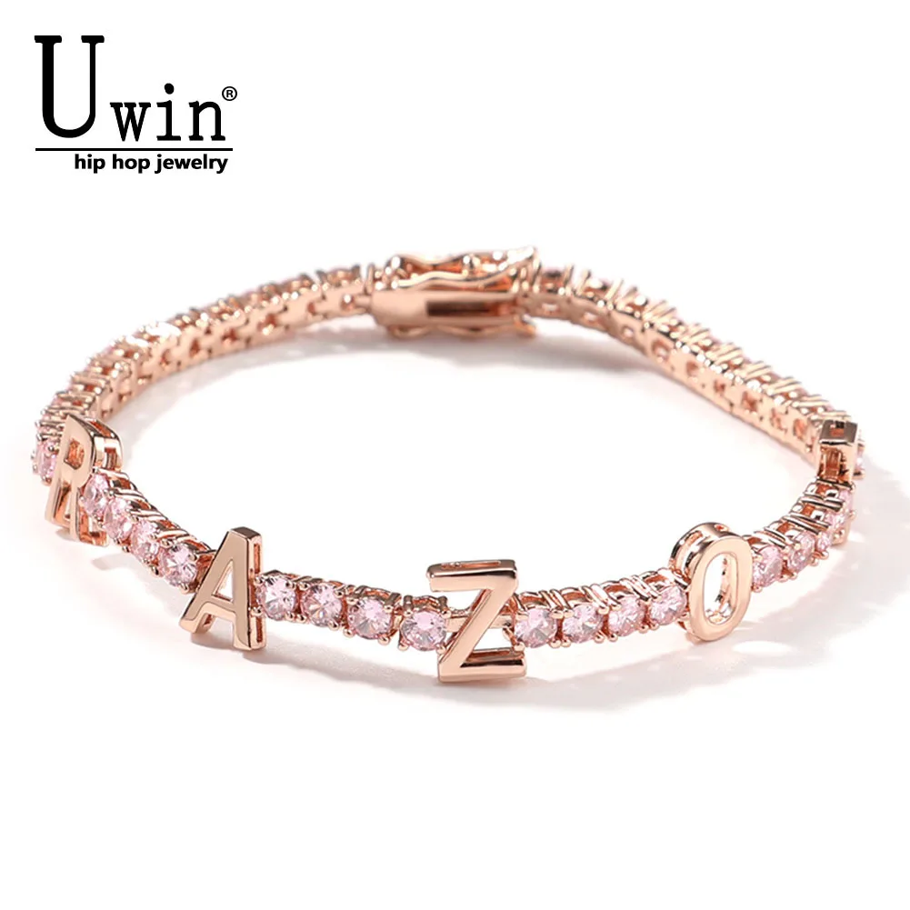 Uwin Tennis Custom Name Bracelet Letter 3mm Chain Bracelet Iced Out Colorful Cubic Zirconia DIY Letter Hiphop Jewelry For Gift
