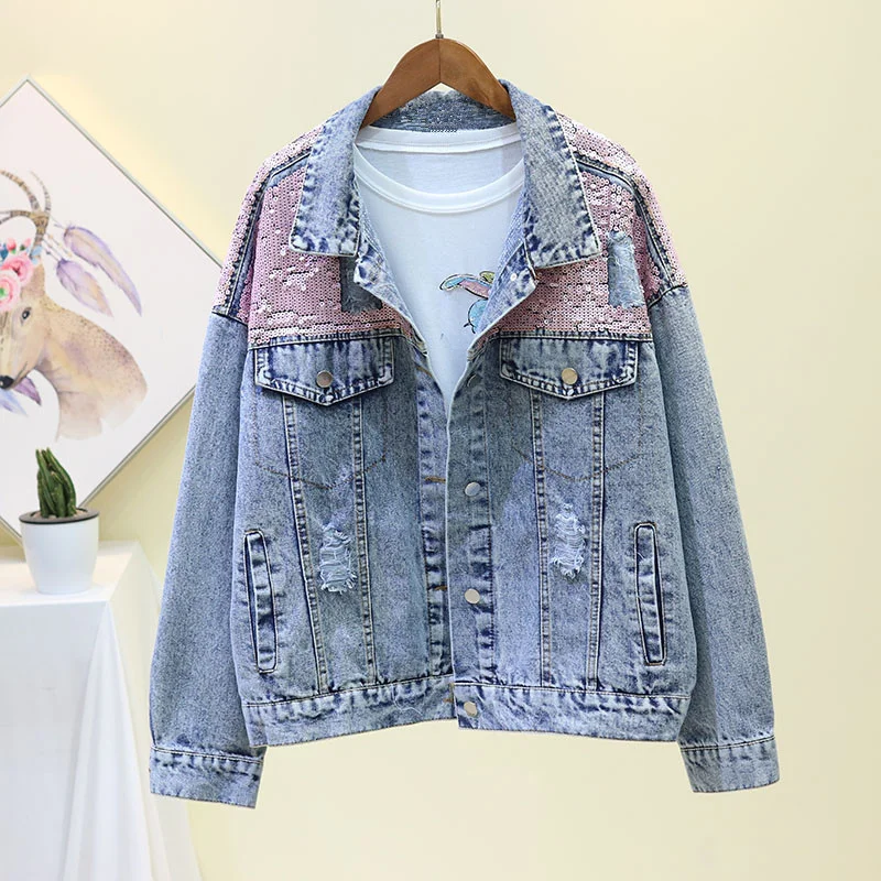 

Letter Handwork Embroidery Sequins Denim Women Student Outwear Loose Short Holes Jeans Jacket Coat Female Chaquetas Mujer