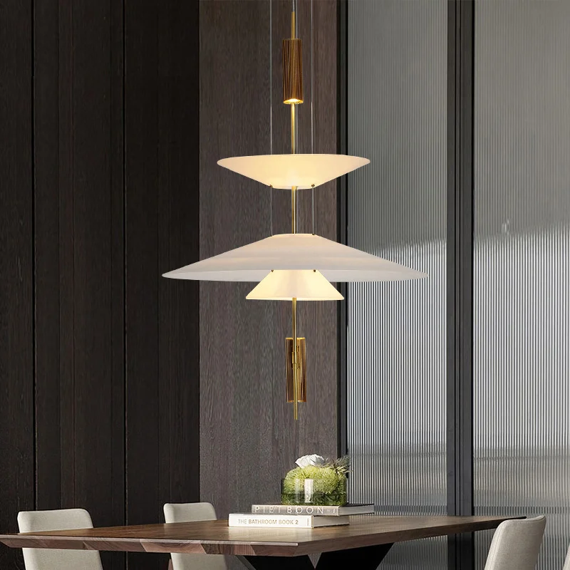 

Creative LED Stacked Cone Chandelier’s Nordic Designer Dining Room Ceiling Gold Lighting Living Room Flying Saucer Hanging Lamps