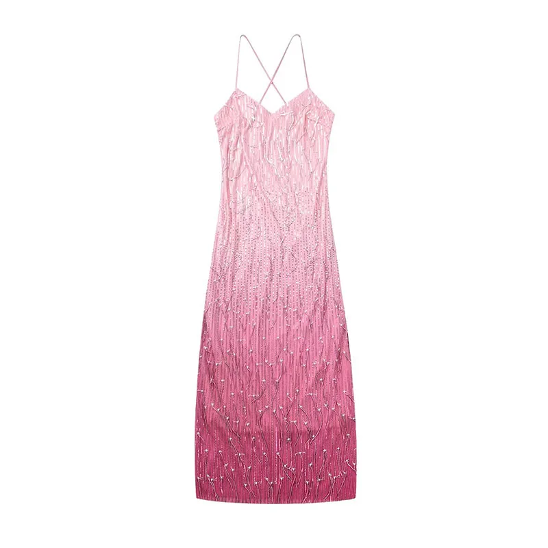 

Women Fashion Beaded Gradient Midi Dress Vintage Off Shoulder Sexy Backless 2023 Summer Vacation Beach Vestidos