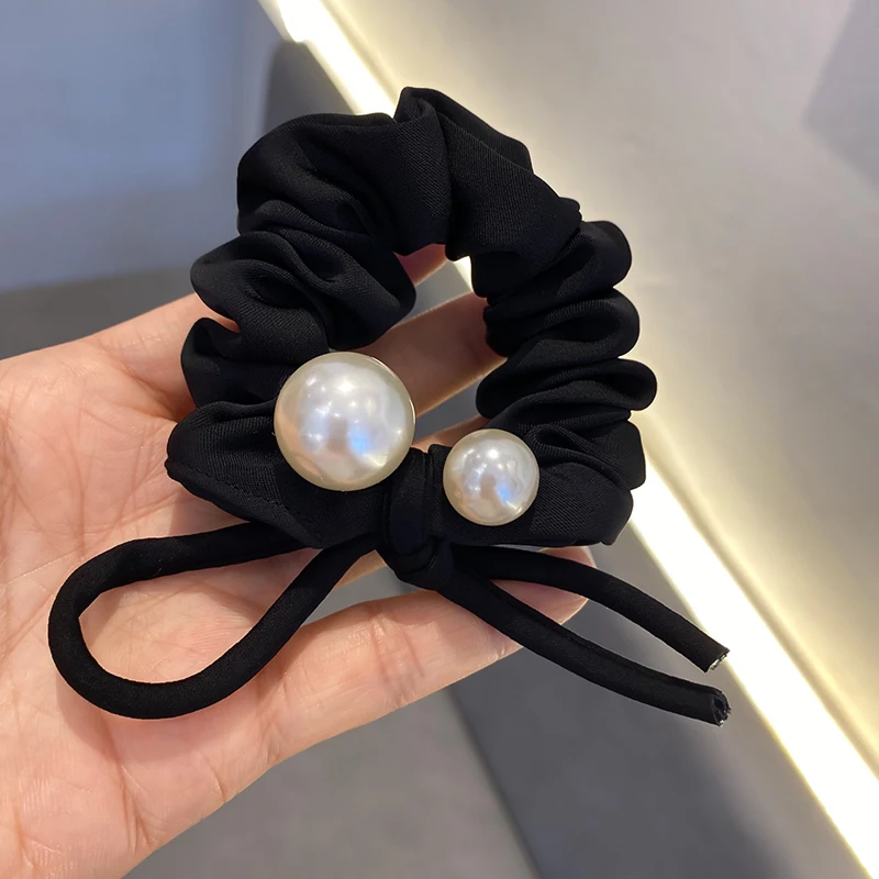 Black Satin High Sense Bow Imitation Pearl Elastic Large Intestine Ring Hair Rope French sle Elegant Temperament Headb...