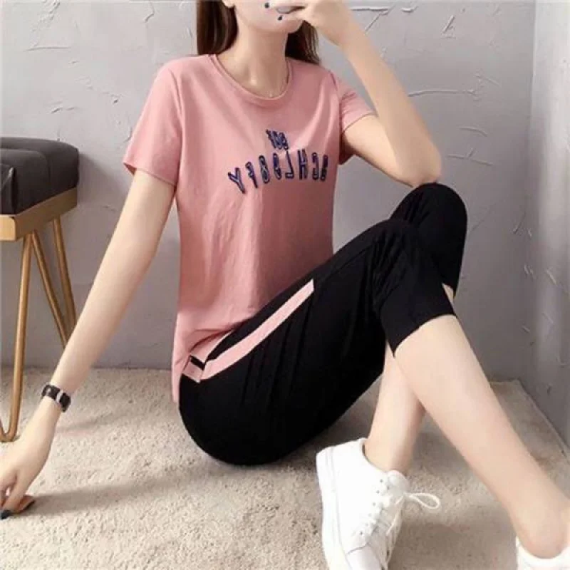 

606#Women's Casual Sportswear Suit2022Summer Student Loose Embroidered Cropped Pants Fashion Short Sleeve Two-Piece Set