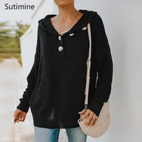 2021 autumn and winter new style v neck long sleeved loose knit sweater fashion hooded pullover womens top hoodies sweater