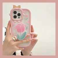 3d lovely bow camera ring mobile phone case for iphone 13 12 pro max 11 cute tulip flower holder armor back cover