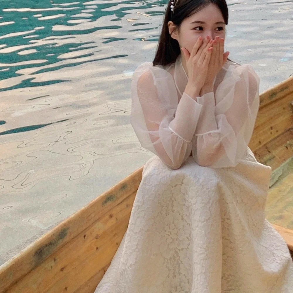 

Serendipity Evening Dress Korea Formal Occasion Floor-Length A-Line V-Neck Elegant Appliques Lace Beige Prom Gown For Women