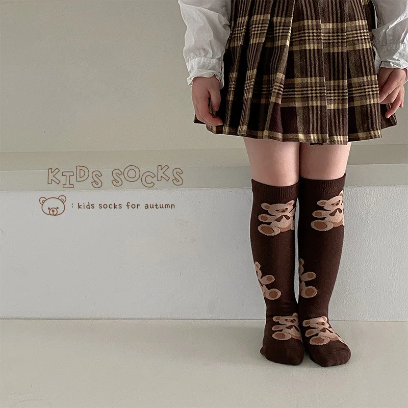 Осенние прямые носки до колен с мультяшным медведем для маленьких мальчиков и