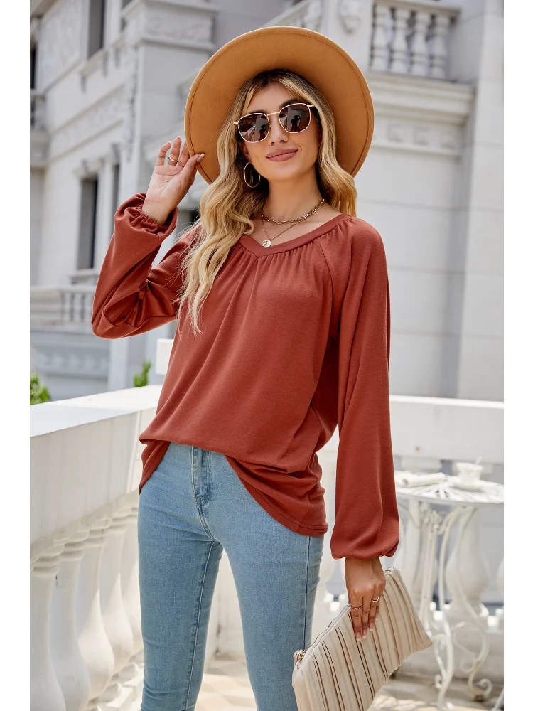 

Autumn and Winter New Women's Solid Color Long Sleeve V-neck Loose Pleated Women's T-Shirt Comfortable Casual Women's Top