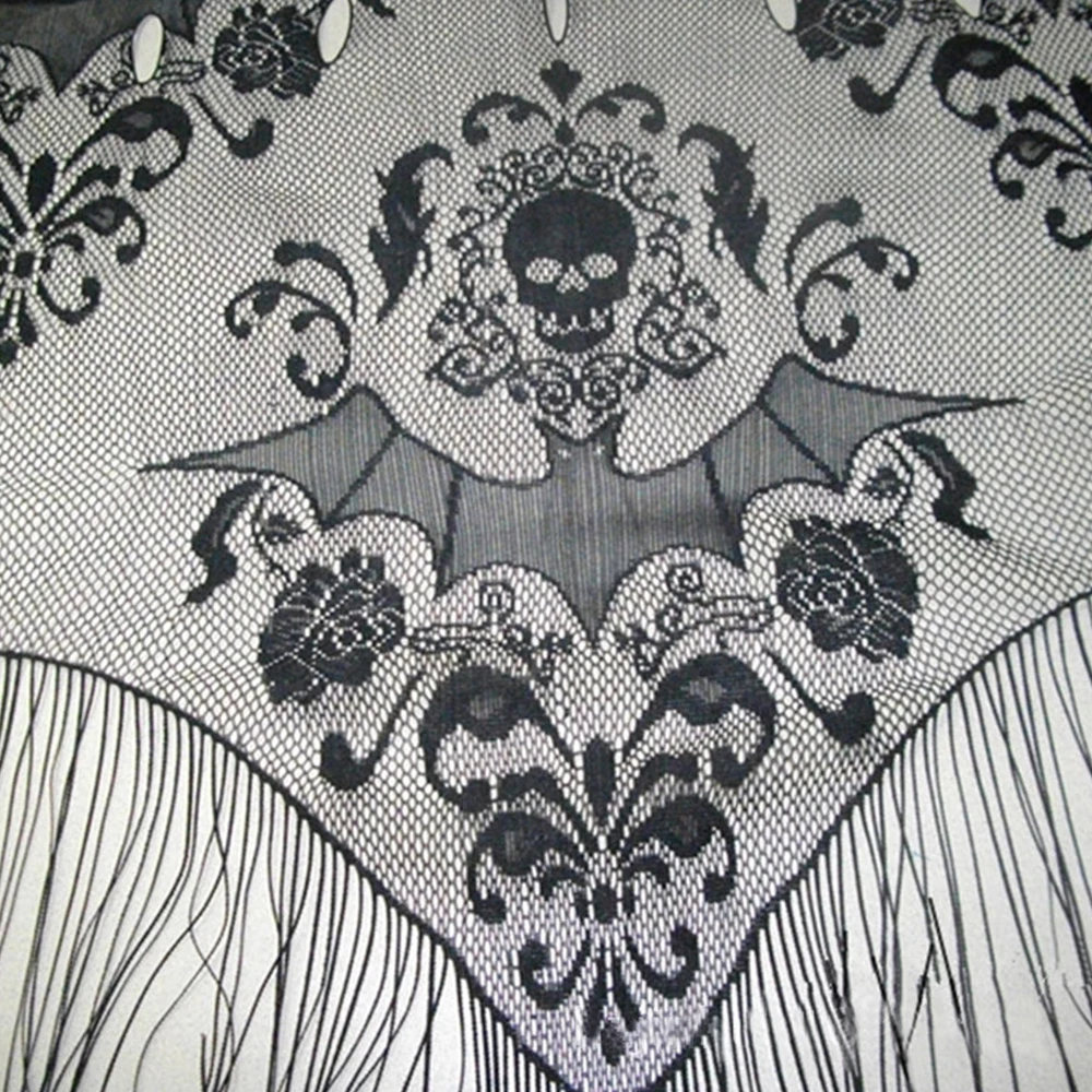 Halloween Black Lace Curtains Tassel Valance Skull Bat Tulle Topper Shawl Halloween Haunted House Party Curtains Fabric images - 6