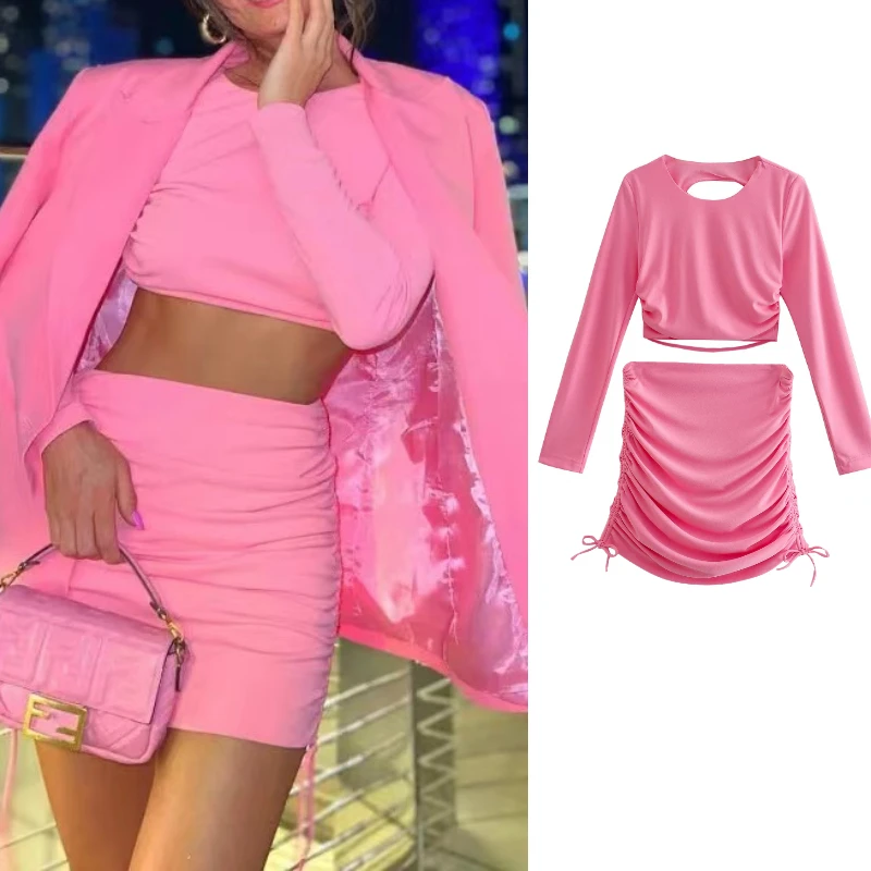 

Женский короткий топ с открытой спиной ZA, футболка с длинным рукавом и мини-юбка с высокой талией, уличный стиль