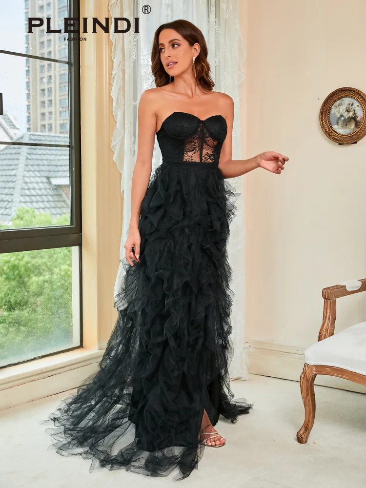 PLEINDI Elegant Evening Dresses Strapless Sleeveless A-shaped Floor-Length Lace 2022 New of Ruched Exquisite Prom Dress Women