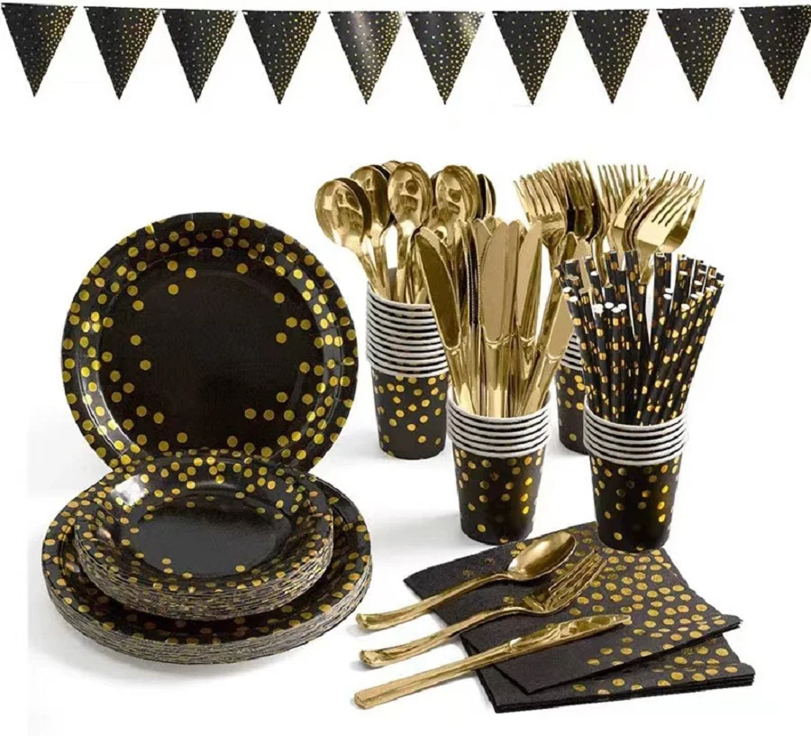 

Black Gold Dot Tablecloth Black Plate Cup Party Birthday Elegant Disposable Cutlery New Year Wedding Party Baby Shower Supplies
