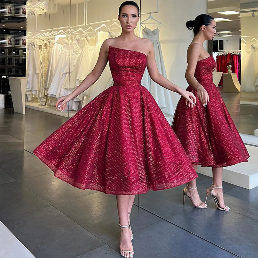 

Dark Red Shiny Tulle Evening Dress Elegant Strapless A Line Prom Party Gown Formal Graduation Dress Tea Length Robes De Soirée