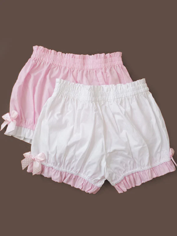 Sweet Pink White Two-Toned Lolita Bloomers Cotton Bow Ruffled Lolita Short Pumpkin Pants