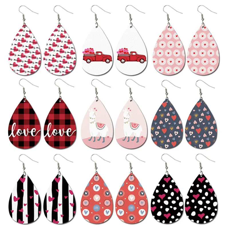 

New Valentine's Day Leather Earrings Striped Heart-shaped Car Love Leather Earrings Drop-shaped Ins Style Earrings for Women