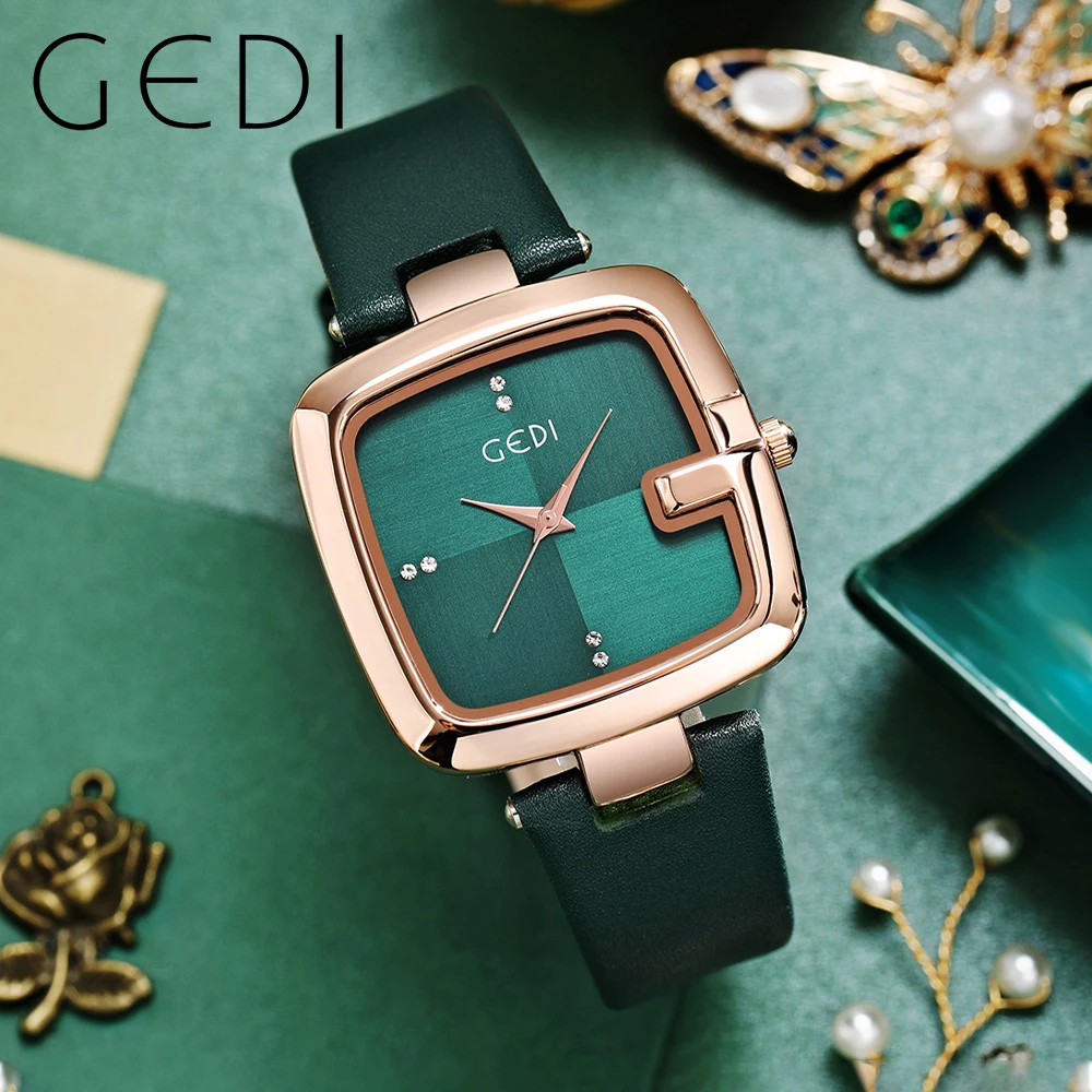 GEDI Minimalist Green Leather Women Sqaure Watches Simple Fashion Big Dial Elegant Ladies Quartz Wrist Watch Casual Female Clock