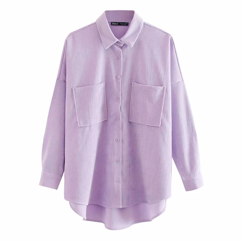 

Women 2022 Fashion Pockets Corduroy Shirts Vintage Long Sleeve Asymmetric Loose Female Blouses Chic Tops