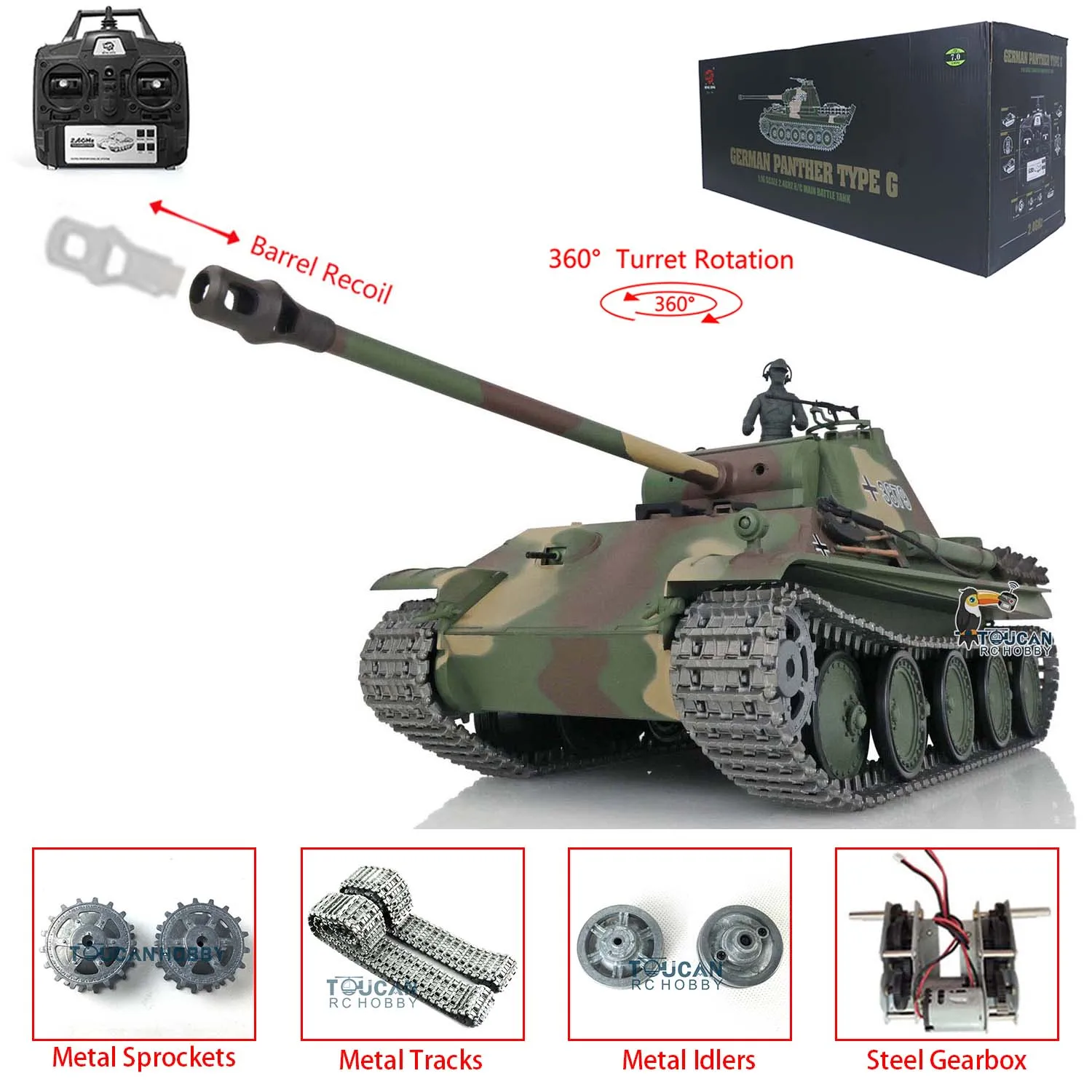 

1/16 Heng Long 7.0 RC Tank 3879 Upgraded German Panther G RTR Ready to Run W/ 360° Turret Remote Control Car TH17489-SMT7