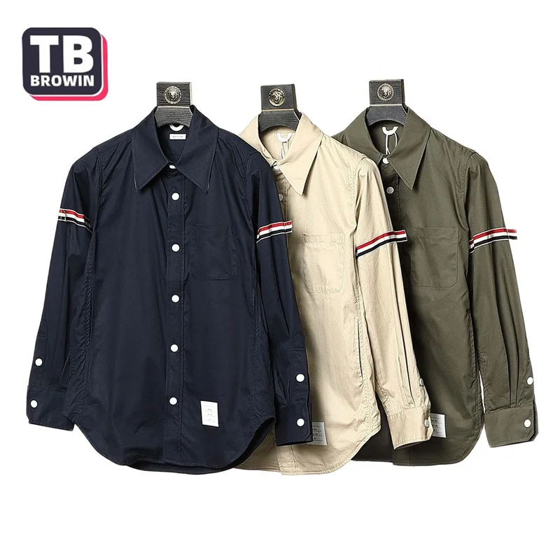 

TB BROWIN Four-Bar Thom Men's Shirt Sleeved Ribbon Top Clothing Poplin Slim Casual Long Sleeve Cotton Korean Fashion Blouses