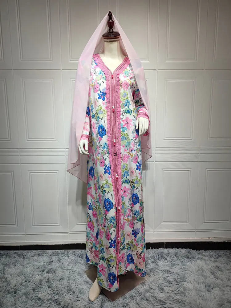 Muslim Abaya Arabic Long Dress for Women Lace Trimming Floral Print Moroccan Kaftan Islamic Clothing Dubai Gulf Jalabiya Ramadan