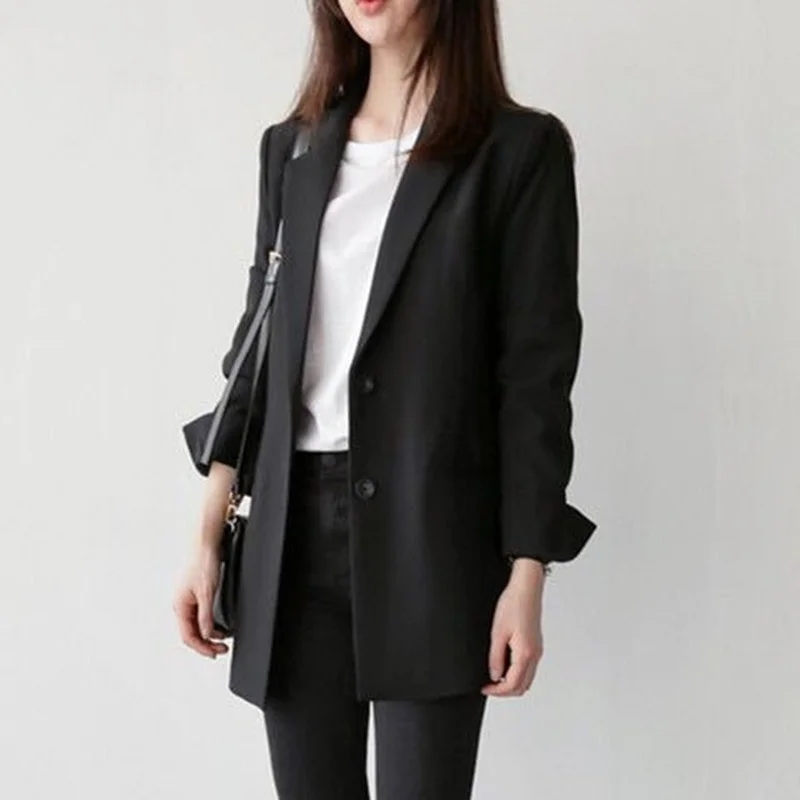 Black Suit Blazer Office Jacket Ladies Tailored Oversized Fashion Double Buttons Long Loose Coat Formal Casual Autumn Women Suit